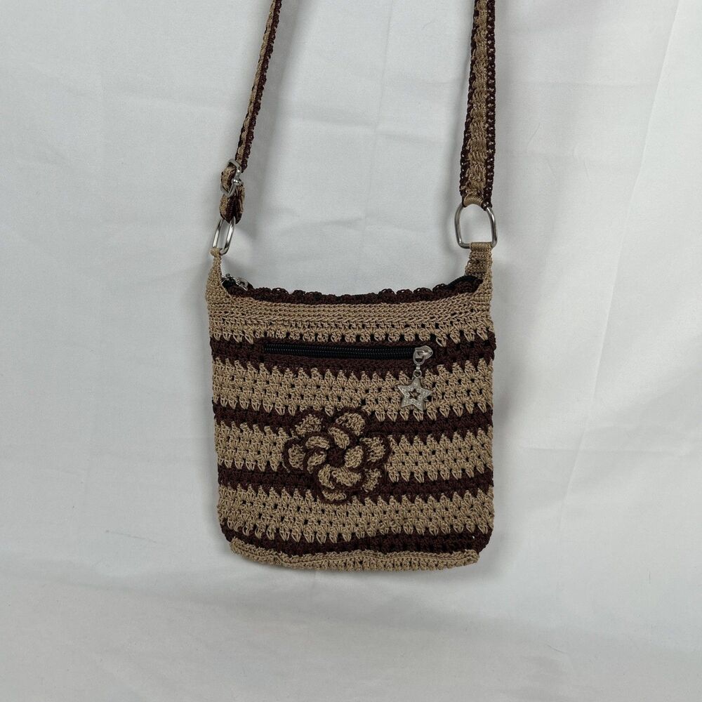Crochet Purse Floral Brown And Tan Stars Zipped  Boho Hippie